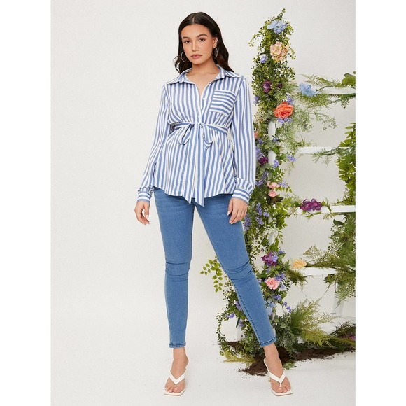 Maternity Striped Patched Pocket Belted Blouse - Picture 4 of 7